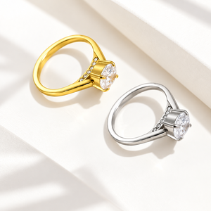Asymmetrical Zircon Solitaire Stainless Steel <b>Ring</b> with 14K Gold Color Vacuum Plating - Product Image 1