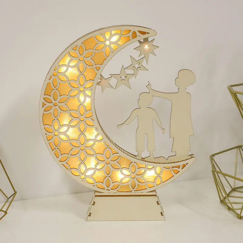 New Products Muslim Islamic Eid Mubarak Light Wooden Ornament For Happy Eid Mubarak Ramadan Home Decoration