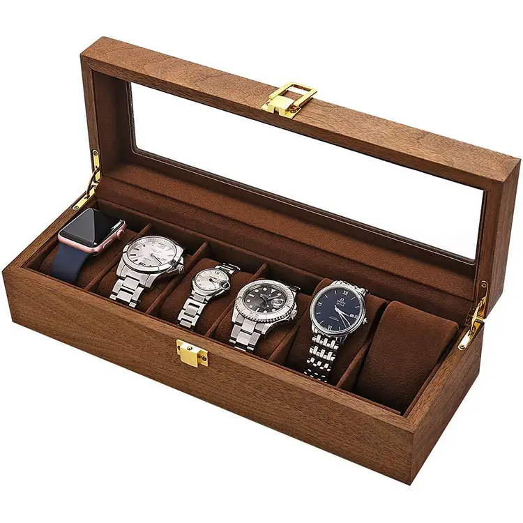 Caixa de relógio de madeira personalizada, caixa de madeira marrom retangular com 6 espaços para relógio, joias
