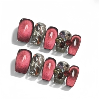 Ongles press-on faits main en acrylique incrusté, rose français, gris argenté, formes amande et carrées, longueur moyenne/courte, 10 pièces