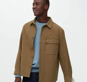 Custom Logo Vintage Plain Cargo Outwear Long Sleeve With Pocket Mens Brown Shirt Jacket