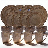 Service de table en céramique émaillée marron classique nordique Guangda, 4 pièces, assiettes, bols et tasses en grès à bordure marron, anti-fuite