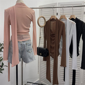 Maglietta Sexy con <span class=keywords><strong>Glitter</strong></span> a vita stretta e trasparente Top Pullover Slim Basic a maniche lunghe in <span class=keywords><strong>maglia</strong></span> con scollo a V Top Top da <span class=keywords><strong>donna</strong></span> - Product Image 6