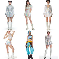 Damen Silbernes Langarm Halloween Party Metallic Crop Top und Rock Set K-Pop Festival Bühnenoutfit