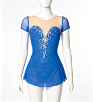 Robe de patinage artistique bleu roi à manches courtes, dos en V profond, jupe ornée de strass, pour filles adultes, compétition et performance