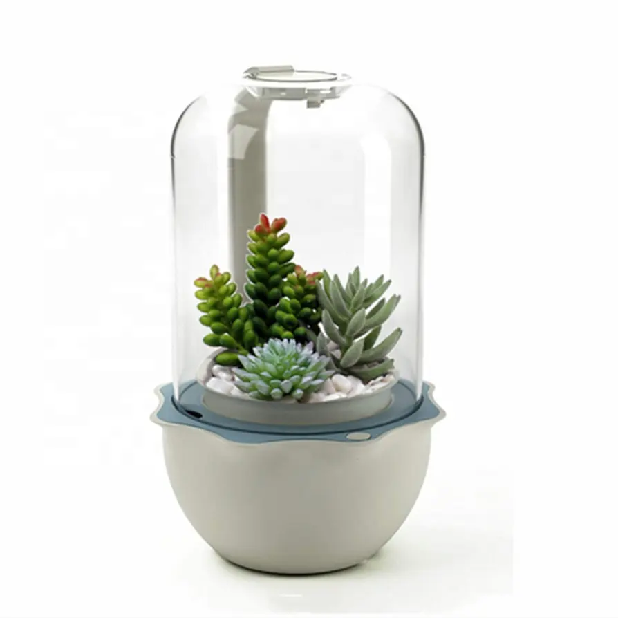 New product ideas 2021 indoor round white small plastic modern nordic succulent planter pot with led grow light office gadgets