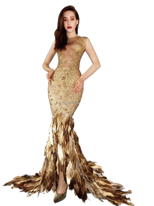 Abito da Sera da Donna <span class=keywords><strong>di</strong></span> Alta Qualità con Strass Scintillanti e Piume Dorate per Feste - Product Image 2