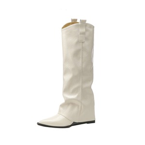 Bottes longues kaki super populaires pour femmes, à talon épais, avec tige épaisse, hauteur genou, style western, couleur marron, style cowboy. - Product Image 1