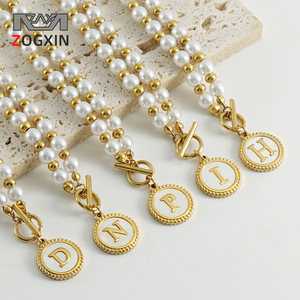 Zogxin Pearl Chain Stainless Steel 18K Gold Plated Letter Pendant Necklace For Women Everyday Wear - Product Image 1