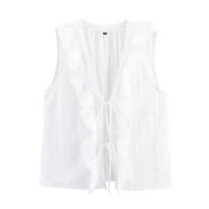 女式 V 领系带白色无袖休闲时尚上衣 - Product Image 1
