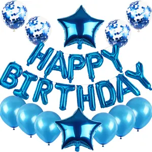 蓝色箔气球生日快乐横幅脚本草书字母签名生日气球派对装饰