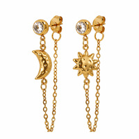 Boucles d'oreilles pendantes N&S plaquées or soleil et lune avec zircon et pompon pour femme, bijoux de mode vintage en acier inoxydable, vente en gros