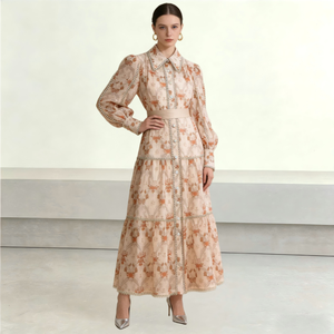 Robe longue maxi vintage bohème à manches bouffantes avec dentelle florale <span class=keywords><strong>pour</strong></span> femme – Élégante, coupe trapèze, idéale <span class=keywords><strong>pour</strong></span> invitées de mariage ou usage quotidien - Product Image 1