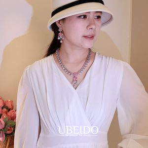 Parure de haute joaillerie audacieuse avec zircone <span class=keywords><strong>rose</strong></span> taille <span class=keywords><strong>coussin</strong></span>, collier double rang et boucles d'oreilles chandelier, bijoux de mariée - Product Image 3