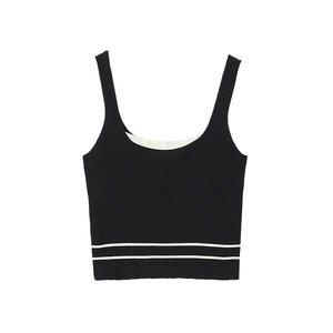 Chaleco de punto Runqi N8652 con bloques de color, talla grande para mujer, top sin mangas, beige con rayas y cuadros negros, tela de poliéster. - Product Image 4