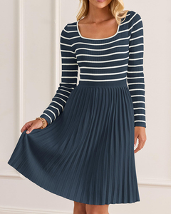 Vestido Midi de Punto a Rayas de Manga Larga para Mujer, Cuello Cuadrado, Línea A, Plisado, Informal, para Diario, Fiesta, Primavera y Otoño - Product Image 4