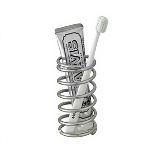 Stainless Steel <b>Toothbrush</b> <b>Holder</b> Round Toothpaste Dispenser Bathroom Accessory Cylindrical Spring Design Wash Basin Countertop - Product Image 1