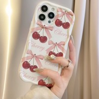 Coque de téléphone portable en silicone TPU avec bord ondulé, imprimé cerise rouge et nœud papillon, pour iPhone X Xr Xs Max 11 12 13 14 15 16 17