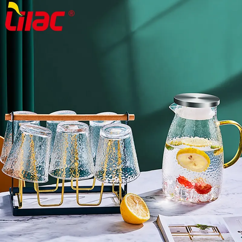Pitcher Glass Set Lilac FREE Sample 1600ml + 300ml*4PCS Nordic Style Drink Glass Cups Pitcher Set And Drinking Glasses Cold Water Jug With Lemons