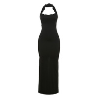 Robe sexy dos nu, ajourée, décolletée, à col volanté et à motif floral H-7234