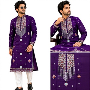 Conjunto de Kurta Morado Tejido con Lentejuelas y Bordado Zari para Niños y Hombres, Ropa de Fiesta, Traje Formal Festivo - Product Image 1