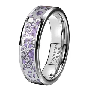 Coolstyle Perhiasan 6Mm Cincin Tungsten untuk Wanita Pria Steampunk Gear Ungu Serat Karbon Inlay Fashion Engagement Wedding Band