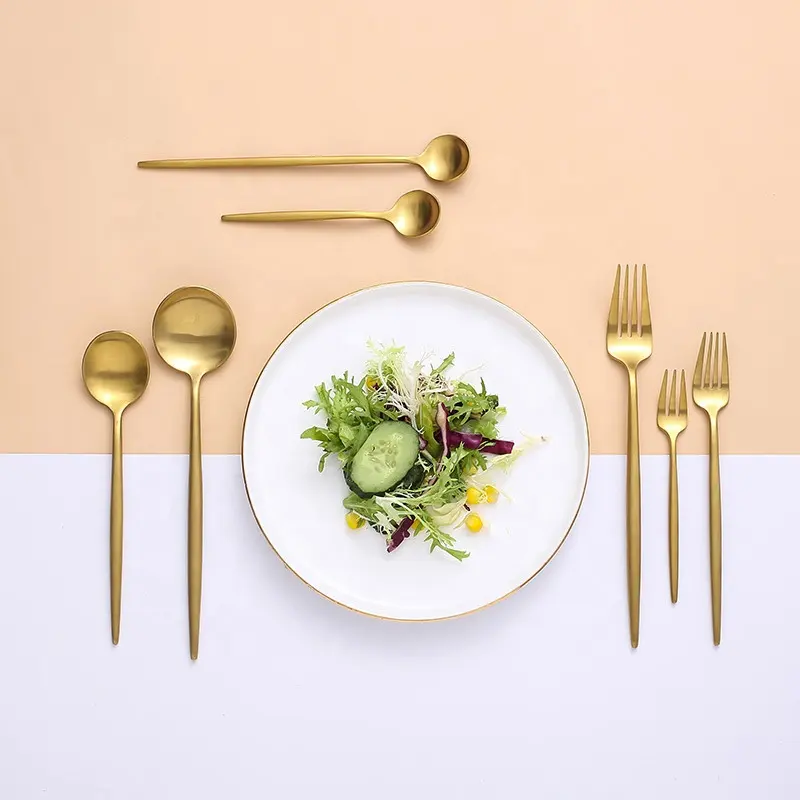 Hot Selling Stainless Steel 304 Matte Gold Flatware Luxury Dinnerware Spoon and Fork Set for Tea for Weddings and Hotels