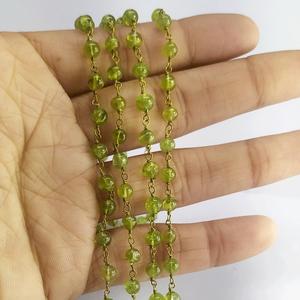 Natural Peridot Smooth Round Balls Beads Brass Wire Wrapped Handmade <b>Rosary</b> Chain Johariz for Necklace Making - Product Image 4