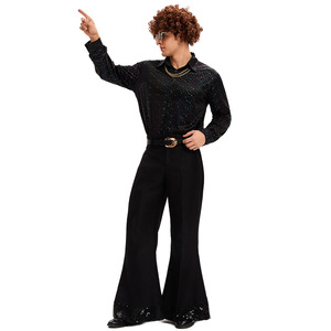 Costume de scène rétro disco pour homme Yi Xiaoyi, style années 1970, ensemble pantalon évasé et chemise à paillettes noires pour adulte - Product Image 1