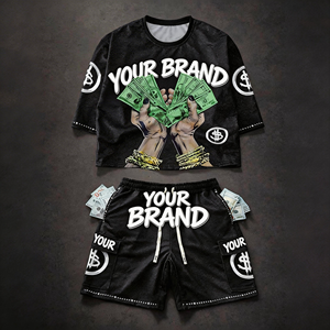 Men's Retro American Super Street Printed T-Shirt Breathable Casual Hip-Hop Style Washed Drill Shorts Suit for Summer - Product Image 2