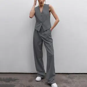 Tùy Chỉnh Womens Màu Xám Linen V Cổ Blazer Áo Ghi Lê Thời Trang Phụ Nữ Thanh Lịch Văn Phòng Chính Thức Sang Trọng Phù Hợp Với Vest 2024 Mùa Thu