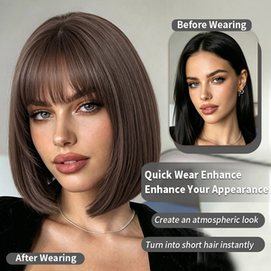 Perruque courte synthétique résistante à la chaleur, couleur brun foncé, avec <span class=keywords><strong>frange</strong></span> complète pour femmes, aspect naturel, utilisation quotidienne, Halloween, livraison rapide - Product Image 2