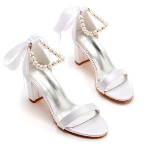 BS044 mode femme <span class=keywords><strong>chaussures</strong></span> <span class=keywords><strong>mariage</strong></span> 7cm talon carré blanc ivoire Satin perle Performance <span class=keywords><strong>chaussures</strong></span> mariée robe accessoire fête chaussure - Product Image 2