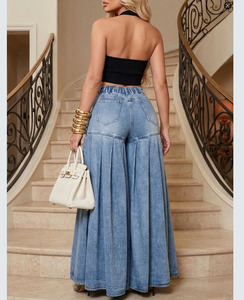 Pantaloni in Denim Casual Stile Europeo e Americano, Nuova Moda Femminile, Pantaloni a Zampa Larga Lavati e Plissettati - Product Image 4