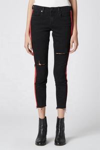 Fashion high waisted with dark wash jeans woman with Red's zipper exposed by the Side fashion needlework - Product Image 2