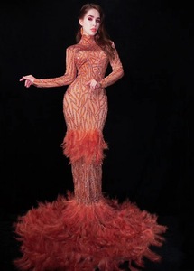 Novance 2022 nuovi arrivi all'ingrosso diamante cristallo piuma abito da sposa Plus Size manica lunga oro abiti Largos Para Mujer - Product Image 3