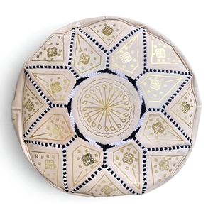 <b>Moroccan</b> Foldable Handmade Leather Round Pouf Ottoman Footrest Seat with Gold Embroidery Traditional Modern <b>Footstool</b> - Product Image 1
