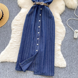 2025 francés Vintage Denim Pinafore <span class=keywords><strong>mujer</strong></span> verano correas ajustables botón abajo cintura <span class=keywords><strong>vestido</strong></span> ajustado - Product Image 3