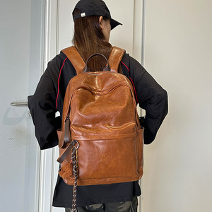 Unisex Leather <b>Backpack</b> 14 In Solid Color Stitching Design For College Students Leisure Travel Fall 2024 - Product Image 3