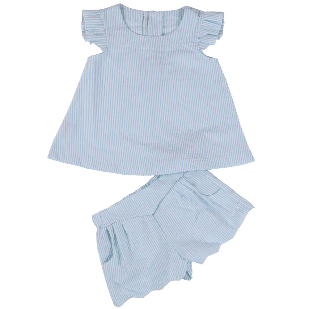 夏の赤ちゃん幼児の女の子シアサッカー衣装ノースリーブドレストップとブティックショーツボトム子供服セット