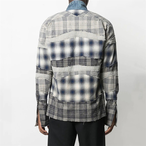 <span class=keywords><strong>Chemise</strong></span> kimono décontractée pour hommes personnalisée OEM <span class=keywords><strong>Chemise</strong></span> manches longues revers châle Patchwork à carreaux en flanelle de coton respirante pour le printemps - Product Image 5