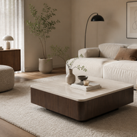 Table basse carrée incurvée de style Japandi, directement de l'usine, avec texture travertin et noyer, en MDF premium, pour la décoration intérieure