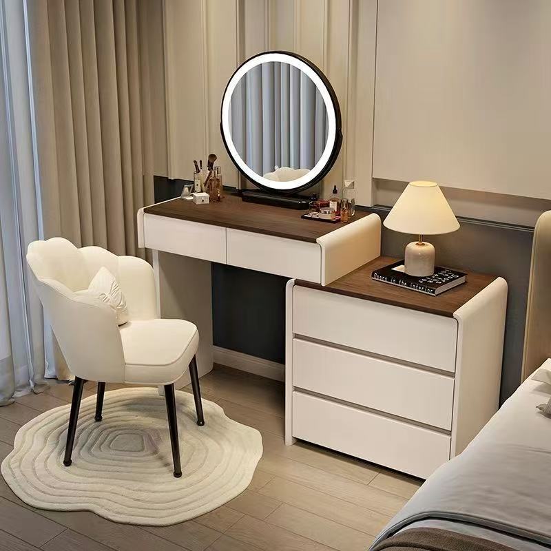 H10 Bois de noyer, plateau de table blanc crème + chaise pétale