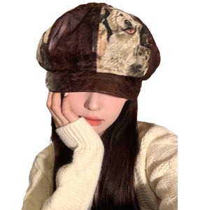 Boina con estampado de cachorro retro para mujer, sombrero octogonal ajustable de pana marrón oscuro, para primavera y otoño - Product Image 5