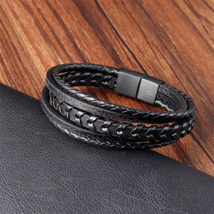 Luxury Custom Stainless Steel Leather Bracelet Multi Layer Men <b>Black</b> <b>Wrap</b> Leather Bracelet - Product Image 2