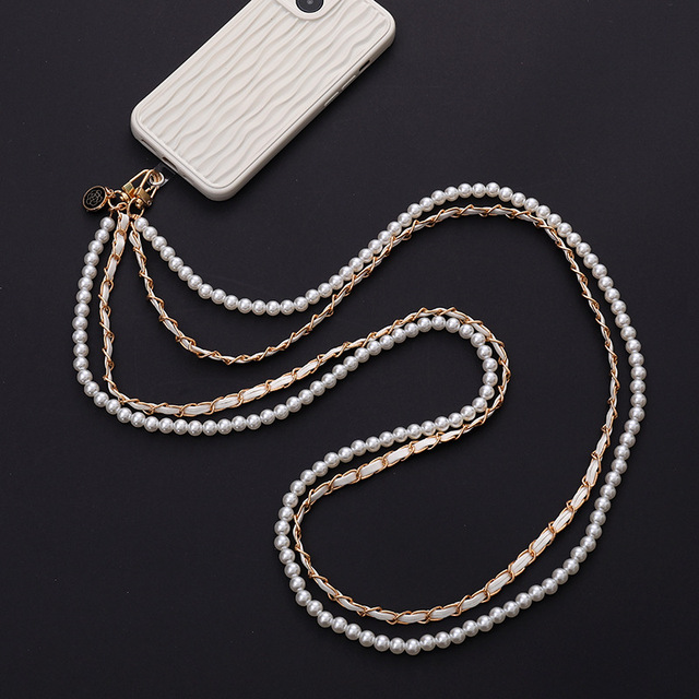 Trendy Double-layer Pearl Bow Phone case Strap Chain Beaded Charm Wrist Shoulder Straps Universal Phone Lanyard Crossbody