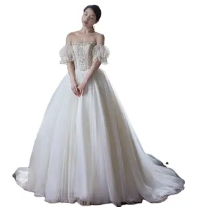 7725# A-Line Lace Applique Wedding Dress Floor Length Off Shoulder Short Sleeve Puffy Pleating Beaded Bridal Gown Real Photo