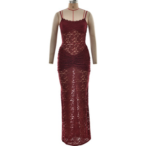 Vestido de noche para mujer, de encaje transparente, ajustado, con escote corazón, abertura larga, para fiesta formal - Product Image 5