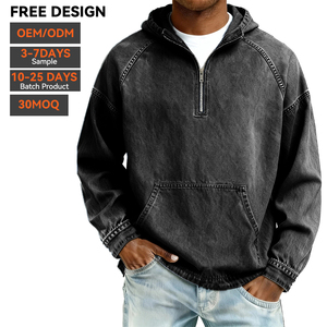 Vente en gros de sweats à capuche en denim de coton pour hommes, à quart de zip, bleu, délavé vintage, coupe oversize, streetwear premium, avec logo personnalisé, fabricant - Product Image 4
