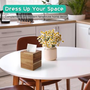 Cubierta de caja de pañuelos cuadrada-Soporte de caja de pañuelos de madera de acacia para mesas de noche Baño Oficina-Tejido de cubo facial decorativo - Product Image 2